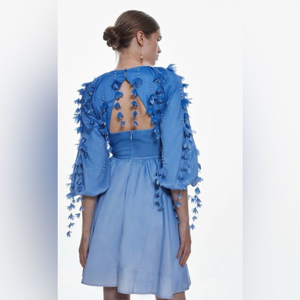 Karen Millen Chic Backless Blue Dress with Leaf Details, US6
